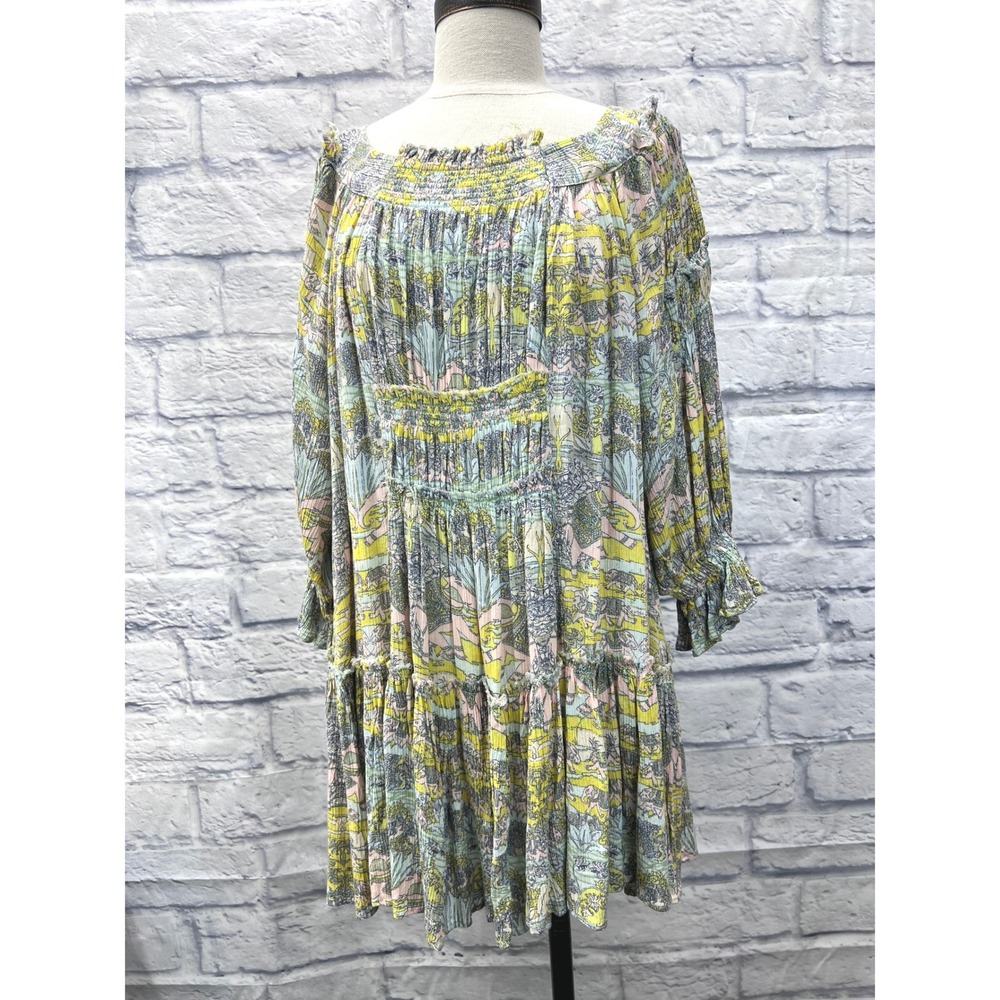 Free People Mini Dress Womens Small Yellow Excellent Elephant Print Boho Smocked